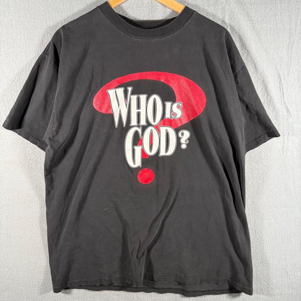 Vintage Oneita Power-T Who Is God Shirt Mens XL Black Single Stitch Made in USA